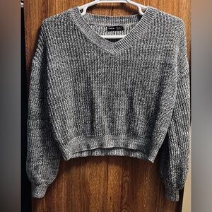 SHEIN green and White Marled V-Neck Cropped Sweater